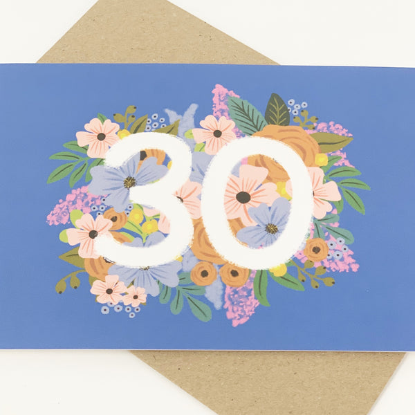 Colourful, Floral 30th Birthday Card - Blue