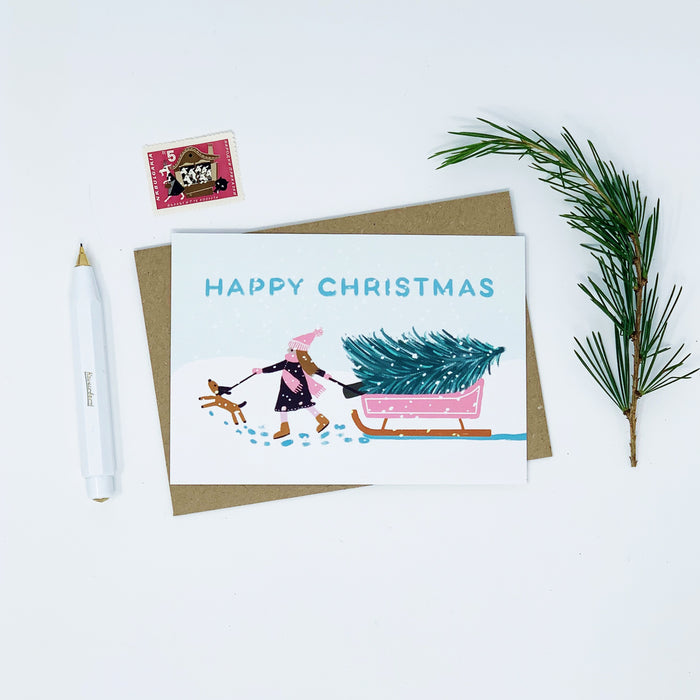 Girl with Pink Sledge - Happy Christmas