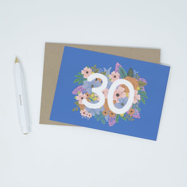 Colourful, Floral 30th Birthday Card - Blue