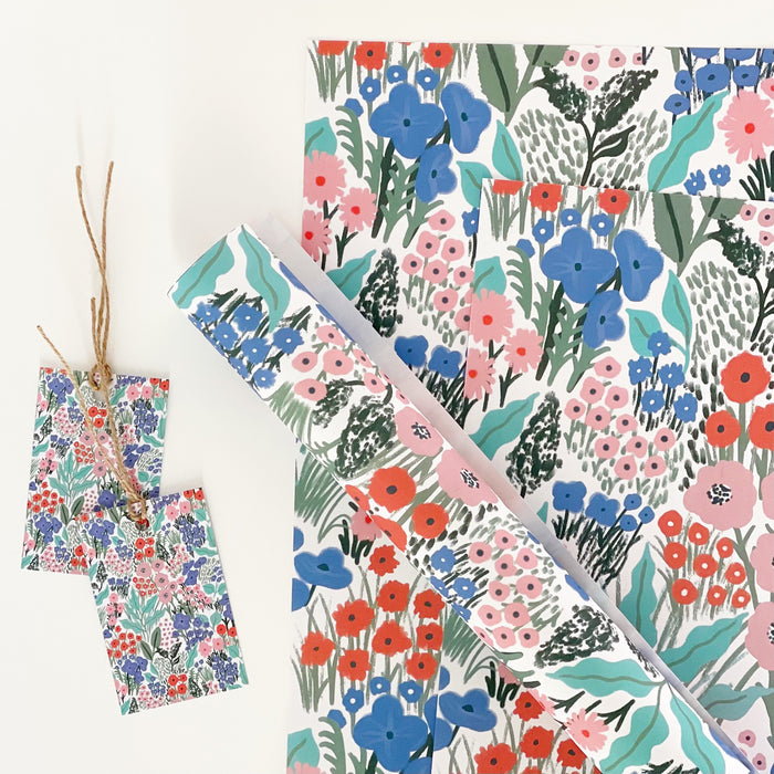Blue Flower Meadow Recyclable Wrapping Paper Set - BLUE Eco Friendly Gift Wrap & Tags
