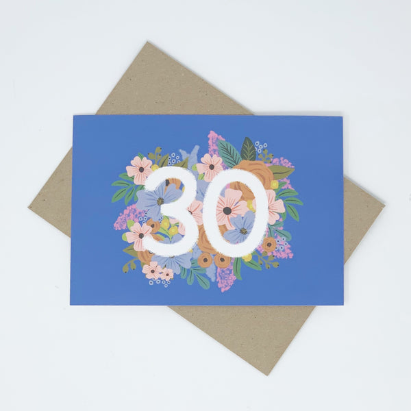 Colourful, Floral 30th Birthday Card - Blue