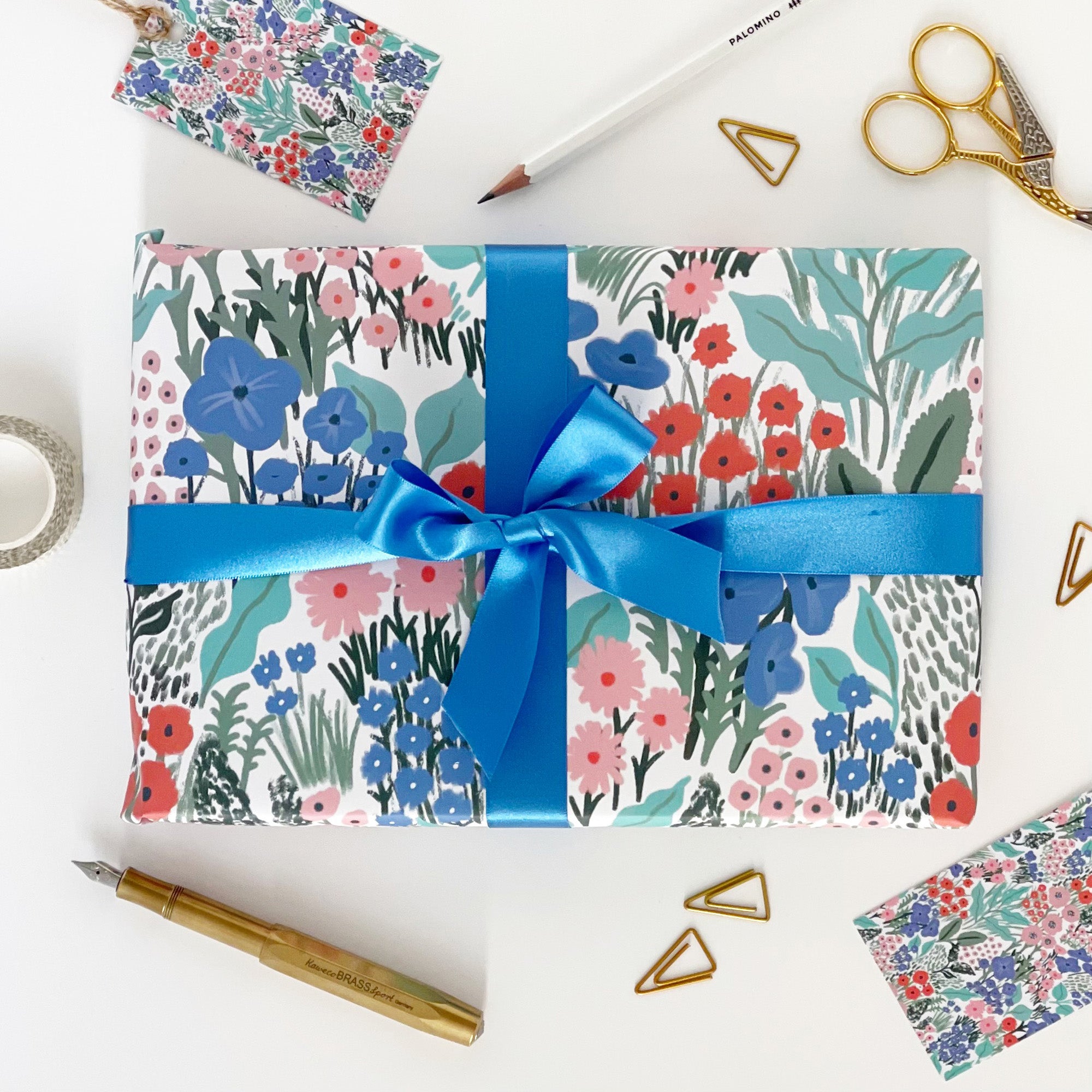 Blue Flower Meadow Recyclable Wrapping Paper Set - BLUE Eco Friendly Gift Wrap & Tags