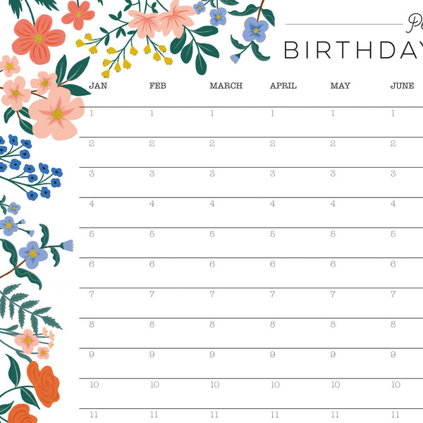 Colourful Floral Perpetual Birthday Wall Planner A2