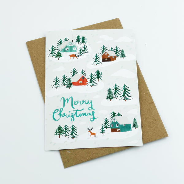 Little Houses in The Snow Christmas Card