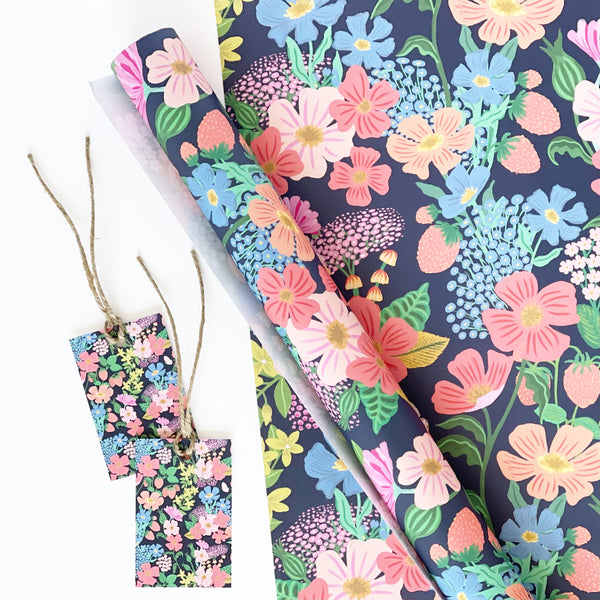 Summer Flowers Black - Eco Friendly Gift Wrap & Tags
