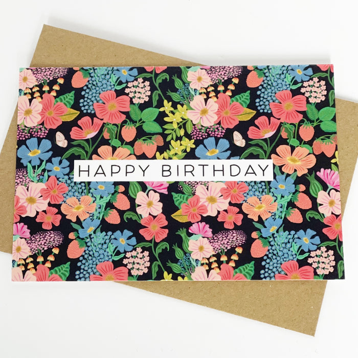 Happy Birthday Summer Flowers Black Greeting Card