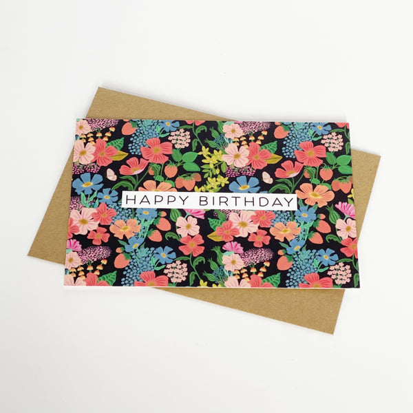 Happy Birthday Summer Flowers Black Greeting Card