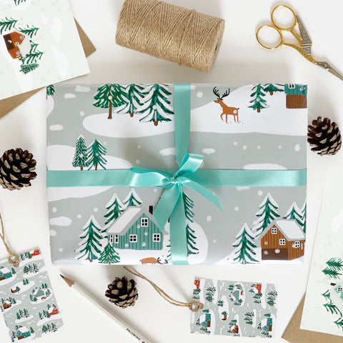 Little Log Cabins in the Snow Recyclable Wrapping Paper Set & Tags