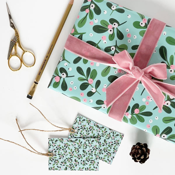 Christmas AQUA Mistletoe Gift Wrap & Tags