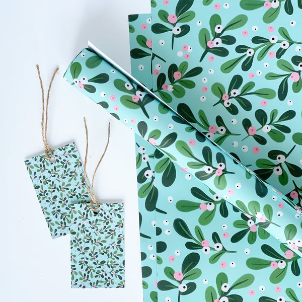 Christmas AQUA Mistletoe Gift Wrap & Tags