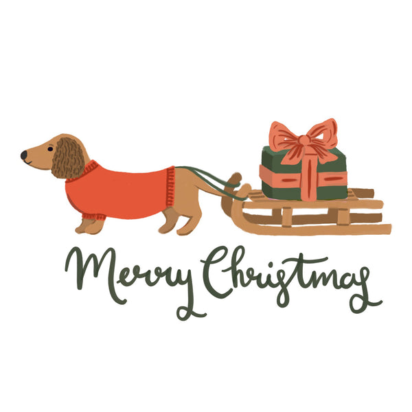 Dachshund pulling a sledge Merry Christmas card